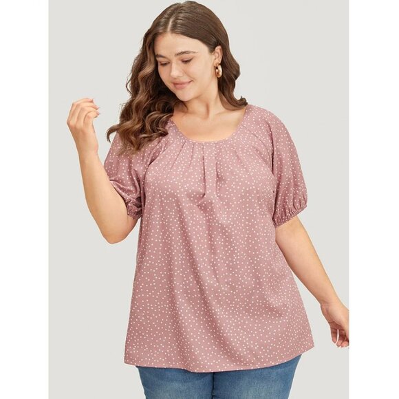 NWT BloomChic Pink Polka Dot Pleated Round Neck Puff Sleeve Blouse Size 12/L - Picture 2 of 4